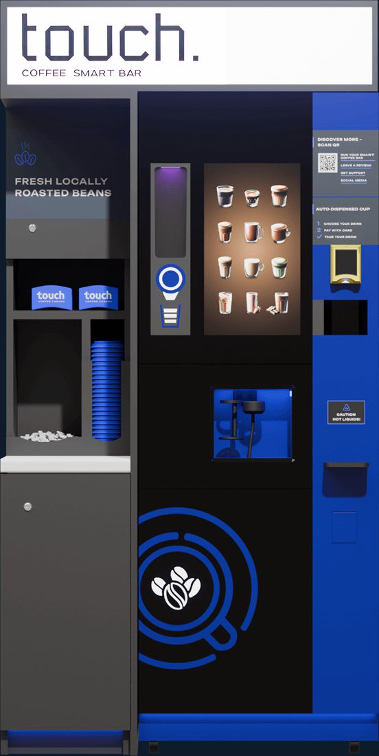 Touch Coffee Smart Bar Premium features: LED backlit sign, 21.5-inch touchscreen, integrated bean grinder, contactless payment terminal, and automated beverage dispenser