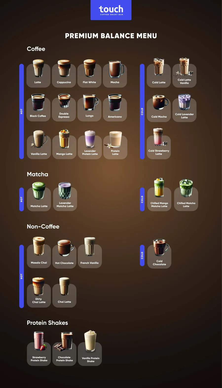 Touch Coffee Premium Balance Menu